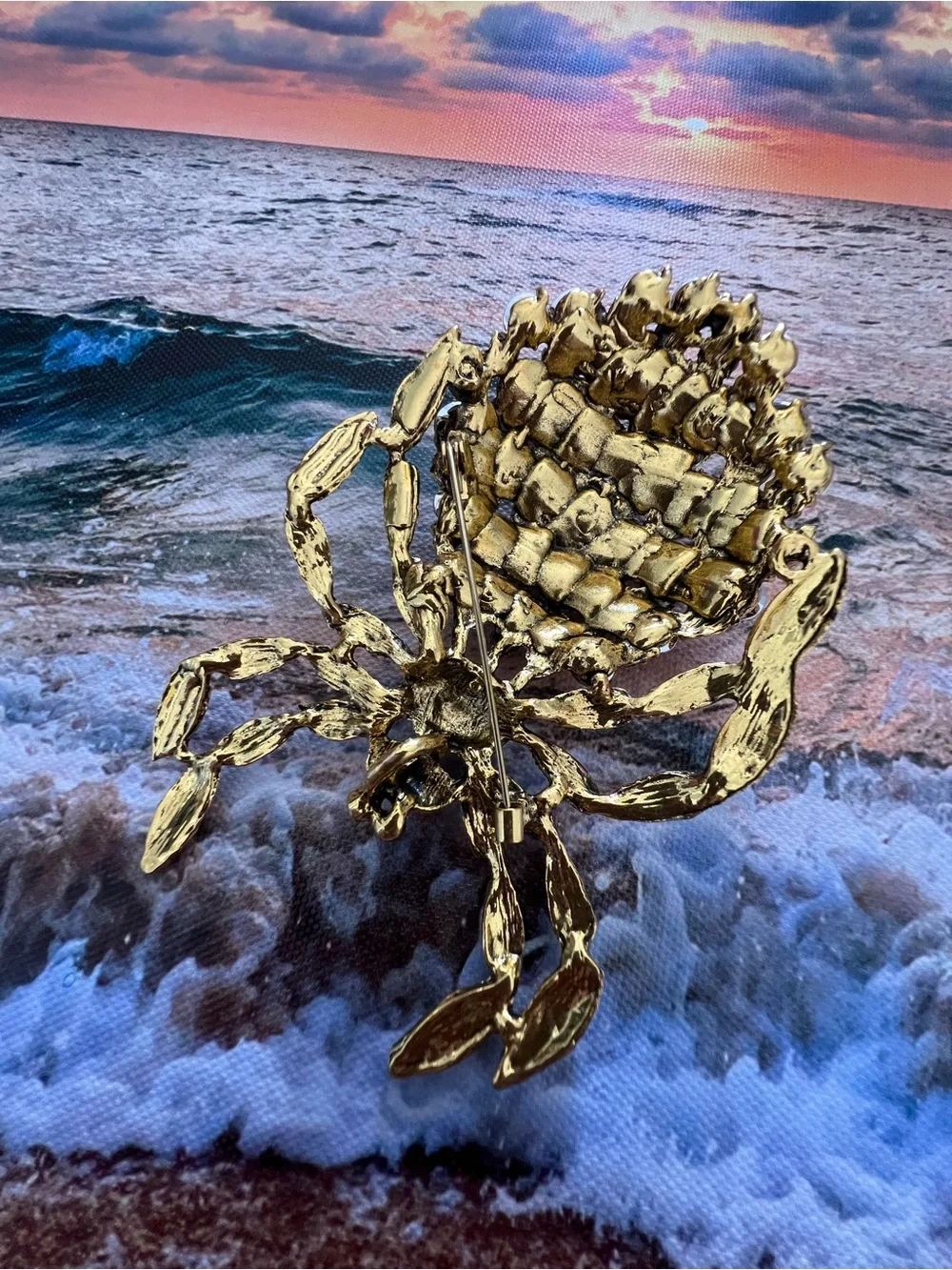 Gold-Tone Crystal Spider Brooch with Amber, Black and Purple Stones